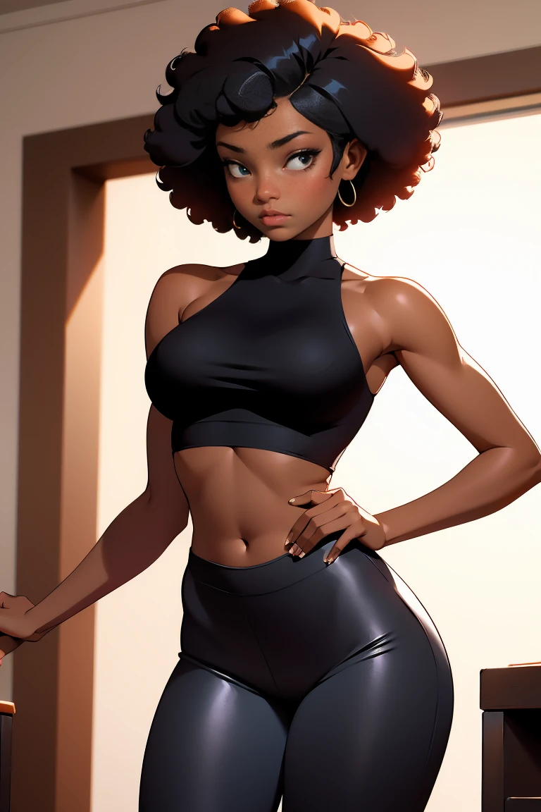 afro american girl, dark skin, behind view, afro haircut, 1 girl, solo, (black leggins) (crop tank top low neckline), sleveless, medium perky , wide hips
