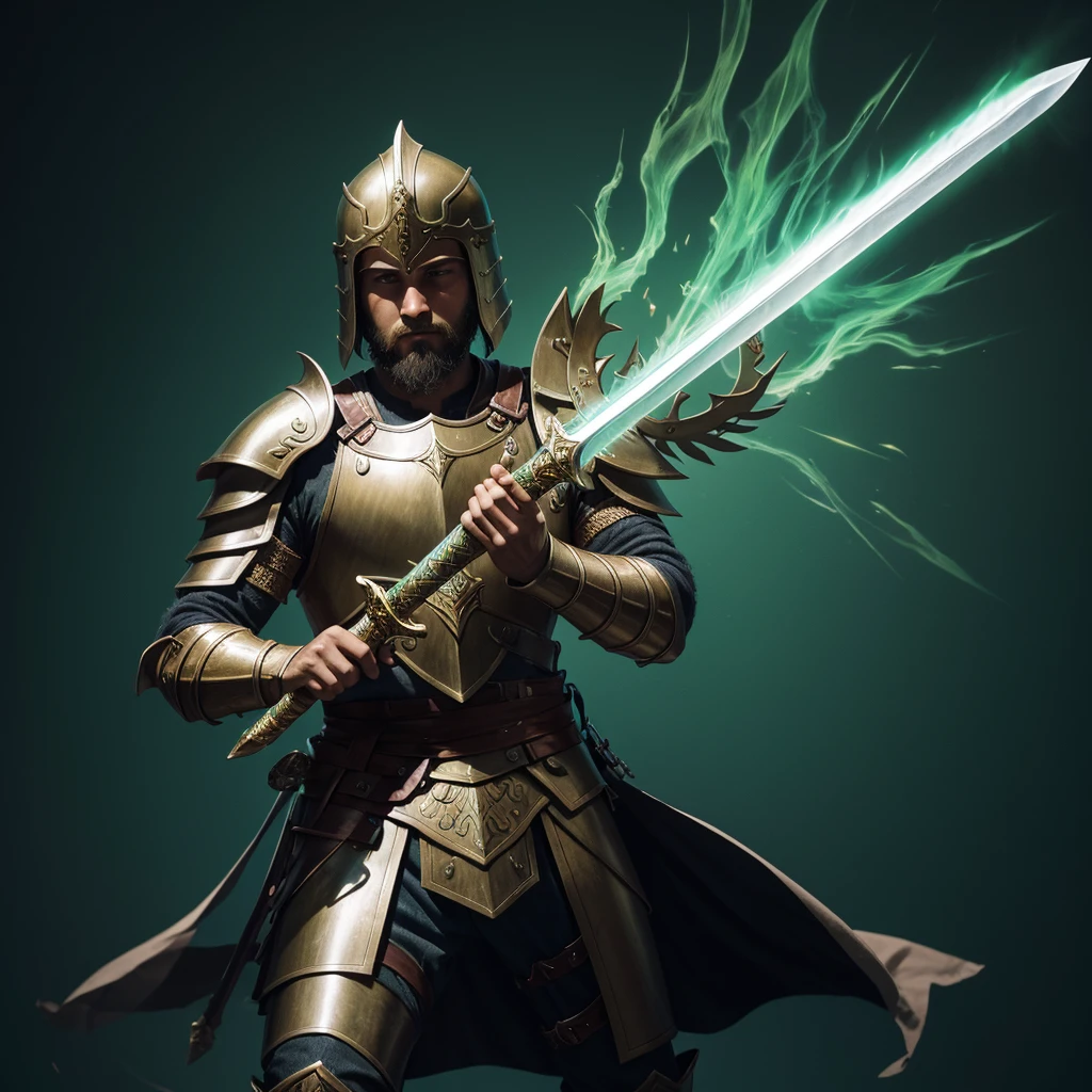 Jehovah with drawn sword gladiator costume in his hands a shield of fire spiritual warfare atmosphere phosphorescent green background