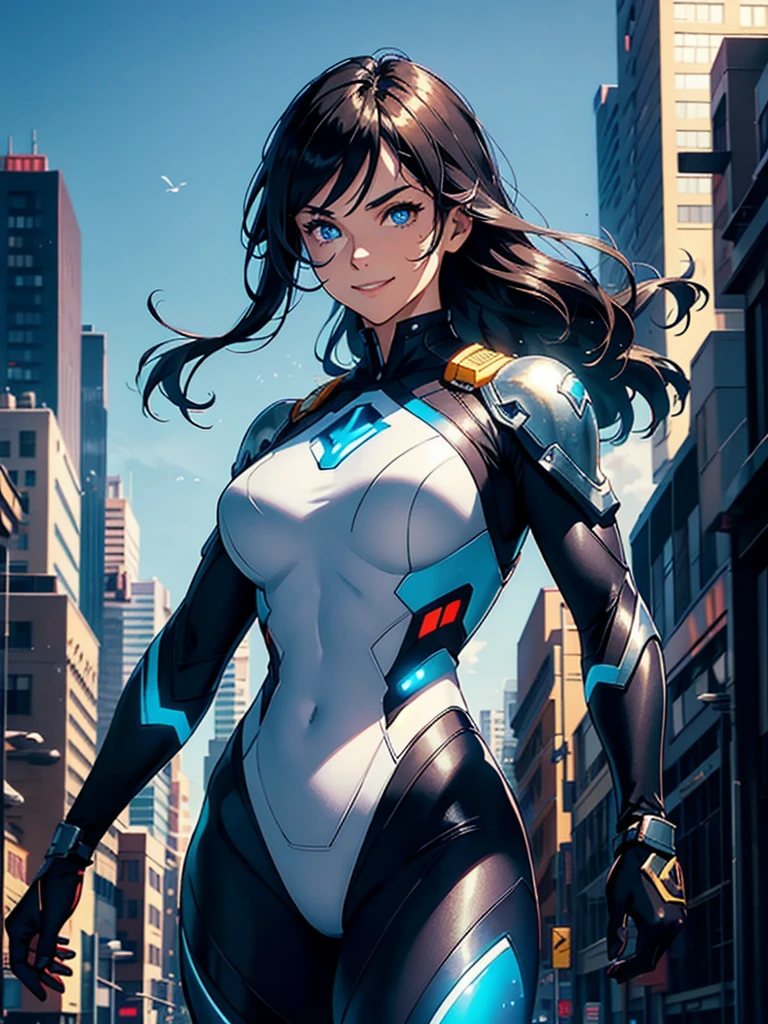 16K, HDR,UHD, RTX, ray tracing, chiaroscuro, best quality, masterpiece, ethereal, perfect illustration, digital artwork, trending on artstation, jaw-dropping perfection, ultra realistic, textured amazing lighting effects, perfect shadows, WLOP, 1girl, beautiful mature edgy woman in a cool long jacket and black pants, superhero suit, stomach covered by clothing, shoulder-length hair, shoulder-length hair, wavy hair, black hair, highly detailed glowing blue eyes, glowing eyes, blue eyes, beautiful glowy blue eyes, detailed eyes, beautiful face, perfect anatomy, broad shoulders, strong upper-body, modern city, city, beautiful weather, stunning sunshine, sunny, daylight, sunlight, modern, nature, daytime, superhero, uplifting, heroic, heroic pose, smiling, smiling at camera, athletic, hands near hips, glowy eyes, daytime, black and blue superhero suit, metal shoulder-pads, summertime, radiant sunlight, beautiful cityscape, hair blowing in wind, manly shoulders, big smile, wide smile, happy eyes, joyful, smiling with teeth, very tall, wide shoulders, sunlight, daylight, daytime