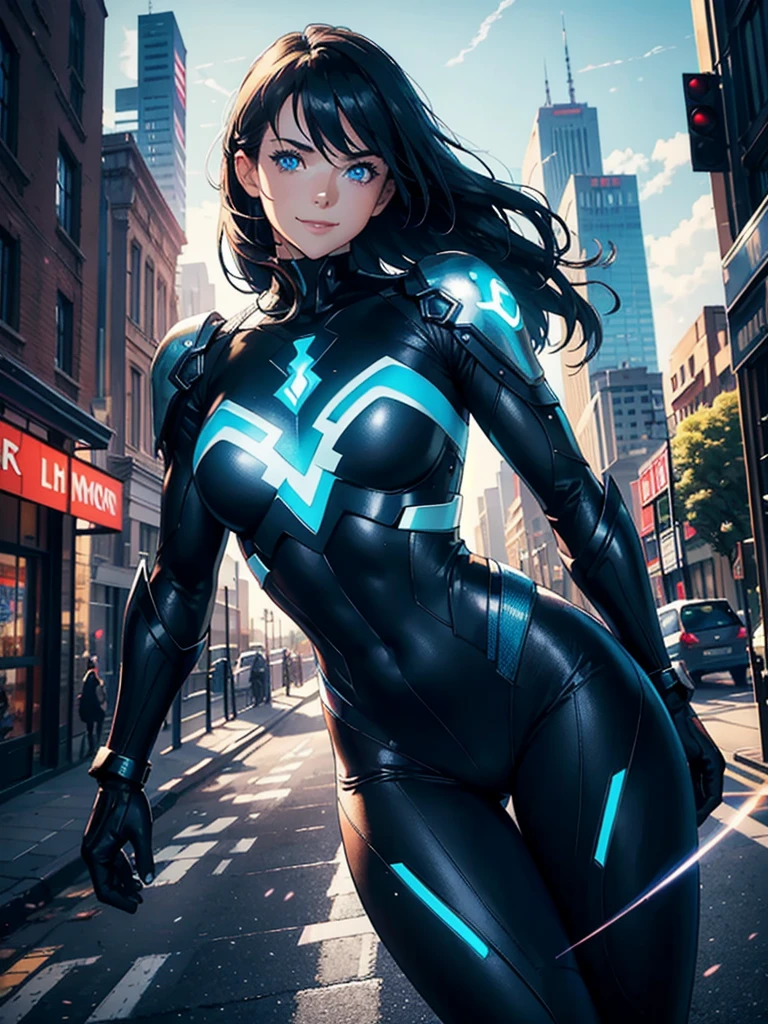 16K, HDR,UHD, RTX, ray tracing, chiaroscuro, best quality, masterpiece, ethereal, perfect illustration, digital artwork, trending on artstation, jaw-dropping perfection, ultra realistic, textured amazing lighting effects, perfect shadows, WLOP, 1girl, beautiful mature edgy woman in a cool long jacket and black pants, superhero suit, stomach covered by clothing, shoulder-length hair, shoulder-length hair, wavy hair, black hair, highly detailed glowing blue eyes, glowing eyes, blue eyes, beautiful glowy blue eyes, detailed eyes, beautiful face, perfect anatomy, broad shoulders, strong upper-body, modern city, city, beautiful weather, stunning sunshine, sunny, daylight, sunlight, modern, nature, daytime, superhero, uplifting, heroic, heroic pose, smiling, smiling at camera, athletic, hands near hips, glowy eyes, daytime, black and blue superhero suit, metal shoulder-pads, summertime, radiant sunlight, beautiful cityscape, hair blowing in wind, manly shoulders, big smile, wide smile, happy eyes, joyful, smiling with teeth, very tall, wide shoulders, sunlight, daylight, daytime