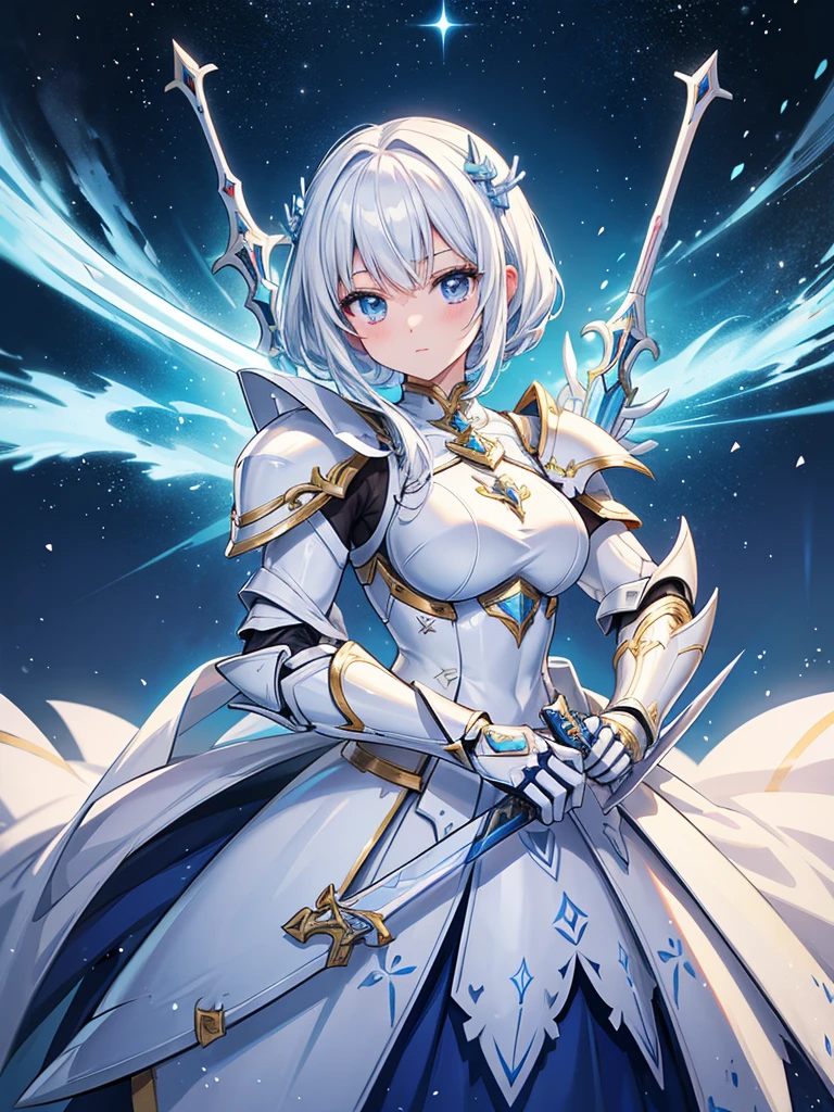 anime girl with sword and sword in hand, armor girl, knights of zodiac girl, glossy white armor, portrait knights of zodiac girl, dressed in light armor, anime manga robot!! anime girl, gear aurora, sleek bright white armor, white armor, in opal armor, ferra white mecha, official character art, female action anime girl, jrpg character art