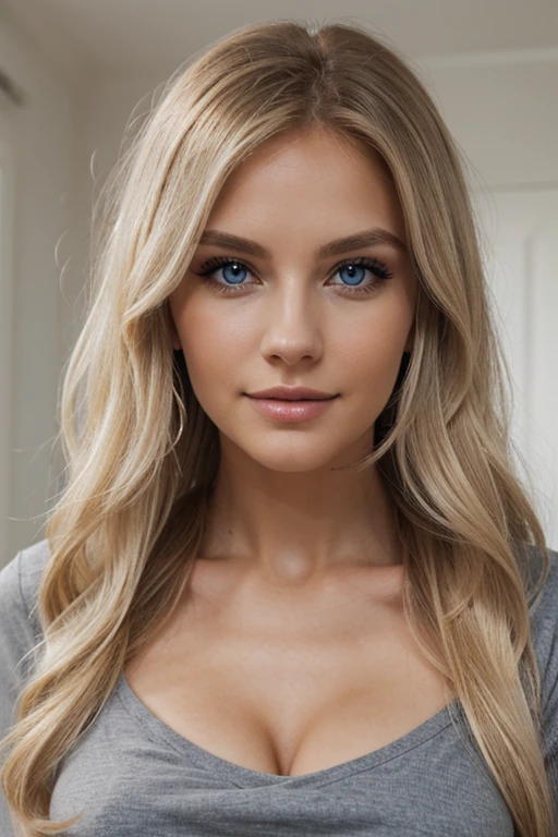 blonde long hair, C-cup, thin, perlenohrringe, Mandelauge, smokey eyes, Natural beauty, grey blue eye color, black top, White teeth
