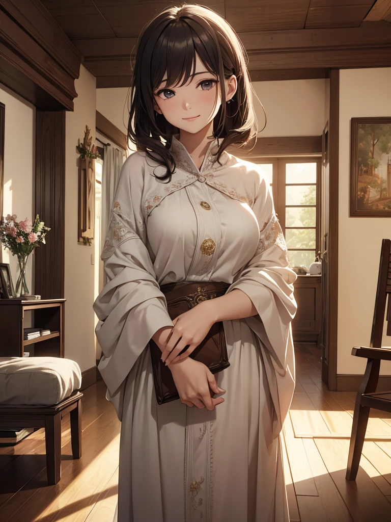 (​masterpiece、top-quality、hight resolution、Unity 8k Wallpaper、extremely details CG:1), A mother, standing nearby, smiles gently and says, "I guess you're at that age where you get interested in these things." She has a kind and understanding expression. The setting is a cozy living room, focusing on the mother.