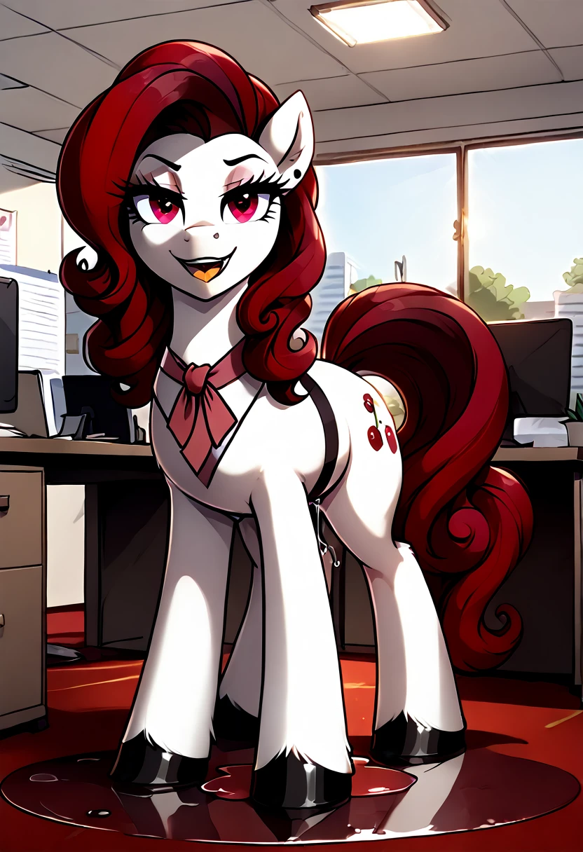 cherry jubilee, female, pony, evil smug smile, making a puddle of pussy juice From her pussy, in her office 