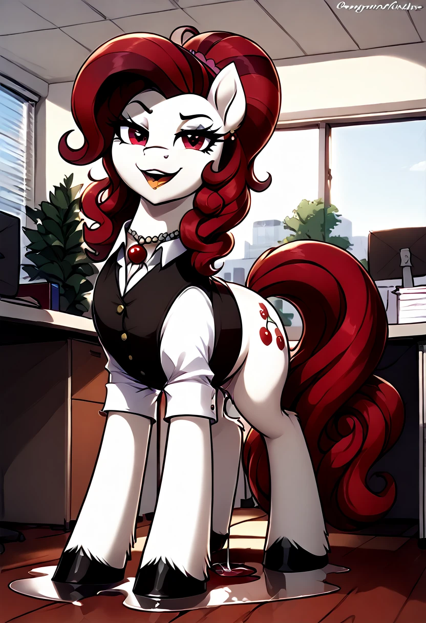 cherry jubilee, female, pony, evil smug smile, making a puddle of pussy juice From her pussy, in her office 