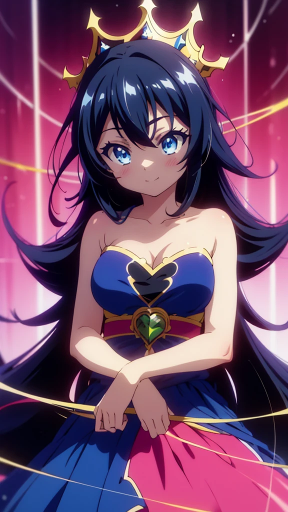 best quality,extremely detailed,anime style,1girl,Long hair down to the waist,straight hair,Dark black hair with bluish,Braid on top of the head,ponytail,beautiful detailed eyes,pinched eyes,dark blue eyes,huge breasts,smile,garter belt,princess motif idol dress,Fluttering and mysterious clothes,hair ornament,princess room,in aikatu style