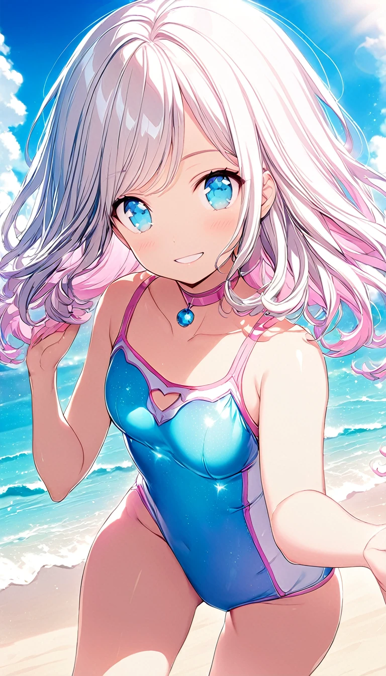 Official art、Top quality ultra-detailed CG art、a beauty girl:1.2)、White hair、Glossy hair、smooth hair、large blue eyes,Mid summer、kawaii、The sky is beautiful、Cute、bob cuts、Pink choker、Light blue swimsuit、ssmile、