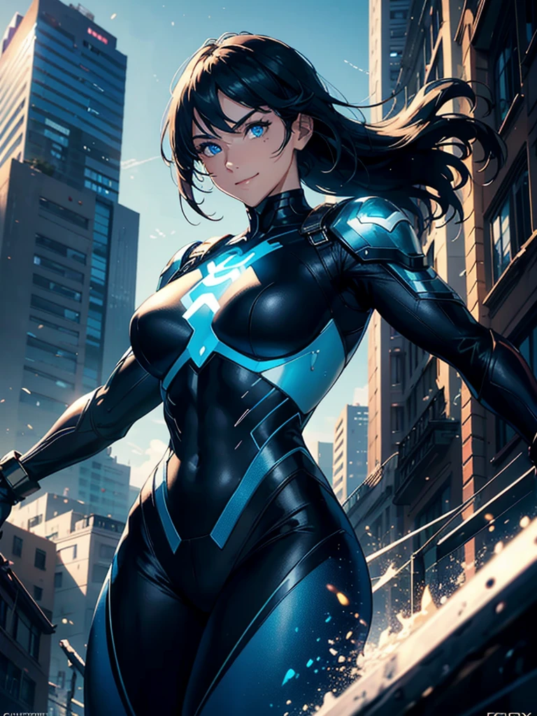 16K, HDR,UHD, RTX, ray tracing, chiaroscuro, best quality, masterpiece, ethereal, perfect illustration, digital artwork, trending on artstation, jaw-dropping perfection, ultra realistic, textured amazing lighting effects, perfect shadows, WLOP, 1girl, beautiful mature edgy woman in a cool long jacket and black pants, superhero suit, stomach covered by clothing, shoulder-length hair, shoulder-length hair, wavy hair, black hair, highly detailed glowing blue eyes, glowing eyes, blue eyes, beautiful glowy blue eyes, detailed eyes, beautiful face, perfect anatomy, broad shoulders, strong upper-body, modern city, city, beautiful weather, stunning sunshine, sunny, daylight, sunlight, modern, nature, daytime, superhero, uplifting, heroic, heroic pose, smiling, smiling at camera, athletic, hands near hips, glowy eyes, daytime, black and blue superhero suit, metal shoulder-pads, summertime, radiant sunlight, beautiful cityscape, hair blowing in wind, manly shoulders, big smile, wide smile, happy eyes, joyful, smiling with teeth, very tall, wide shoulders, sunlight, daylight, daytime, blue logo on chest