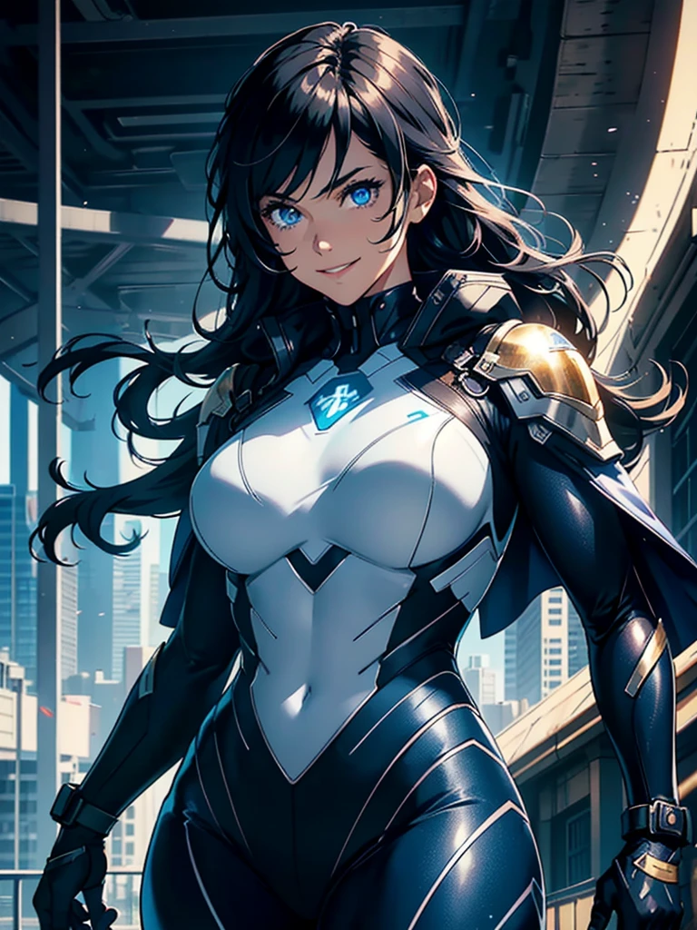 16K, HDR,UHD, RTX, ray tracing, chiaroscuro, best quality, masterpiece, ethereal, perfect illustration, digital artwork, trending on artstation, jaw-dropping perfection, ultra realistic, textured amazing lighting effects, perfect shadows, WLOP, 1girl, beautiful mature edgy woman in a cool long jacket and black pants, superhero suit, stomach covered by clothing, shoulder-length hair, shoulder-length hair, wavy hair, black hair, highly detailed glowing blue eyes, glowing eyes, blue eyes, beautiful glowy blue eyes, detailed eyes, beautiful face, perfect anatomy, broad shoulders, strong upper-body, modern city, city, beautiful weather, stunning sunshine, sunny, daylight, sunlight, modern, nature, daytime, superhero, uplifting, heroic, heroic pose, smiling, smiling at camera, athletic, hands near hips, glowy eyes, daytime, black and blue superhero suit, metal shoulder-pads, summertime, radiant sunlight, beautiful cityscape, hair blowing in wind, manly shoulders, big smile, wide smile, happy eyes, joyful, smiling with teeth, very tall, wide shoulders, tall