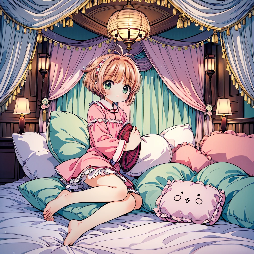 (masterpiece,best quality,best quality, masterpiece),my own, , , (适合任何Pillow背景的光影)), 穿着pajamas可爱女孩在Pillow上摆姿势 ,pajamas,,(很多Pillow),Soft cushion,,,,很多Pillow,,,(Pillow),(A tail),,(充满细节的Pillow),(Love around the protagonist),Steam,,(Pillow),(palace),(Palace bedroom),(Pillow),柔软的Pillow,,(Classical European style bedroom ),(excited,shy person,Lack of expressiveness,),,, ((Maximum resolution)), artwork, ,,,(Interior of the palace),,(Deluxe Rococo Canopy King Bed),On a big and spacious bed,(),,,,Luxurious curtains with ornate ruffles and ribbons surround the bed,((((There are many pillows piled on the bed)))),Detail of Quilt,Detailed bed sheets,Ruffled Bed Skirt,Deep Bed,Background with depth,((详细的Pillow)), ((((大量的Pillow)))),,Shaking lines,,Flowing liquid,Violent body shaking,Violent shaking lines,详细的软Pillow,,((女孩正躺在许多柔软的Pillow上,周围有许多Pillow)),。Many small feathers fluttering、 带褶边和缎带的长裙pajamas、In a huge, Large canopy bed、Soft pink sheets and quilt、色彩鲜艳的柔软Pillow、很多带褶边的Pillow和带褶边的床裙、Soft toned bed、Ruffled curtains around the bed.。Delicate face。Background with depth,kinomoto sakura,kinomoto sakura, 1girl, brown hair, short hair, antenna hair, , green eyes,