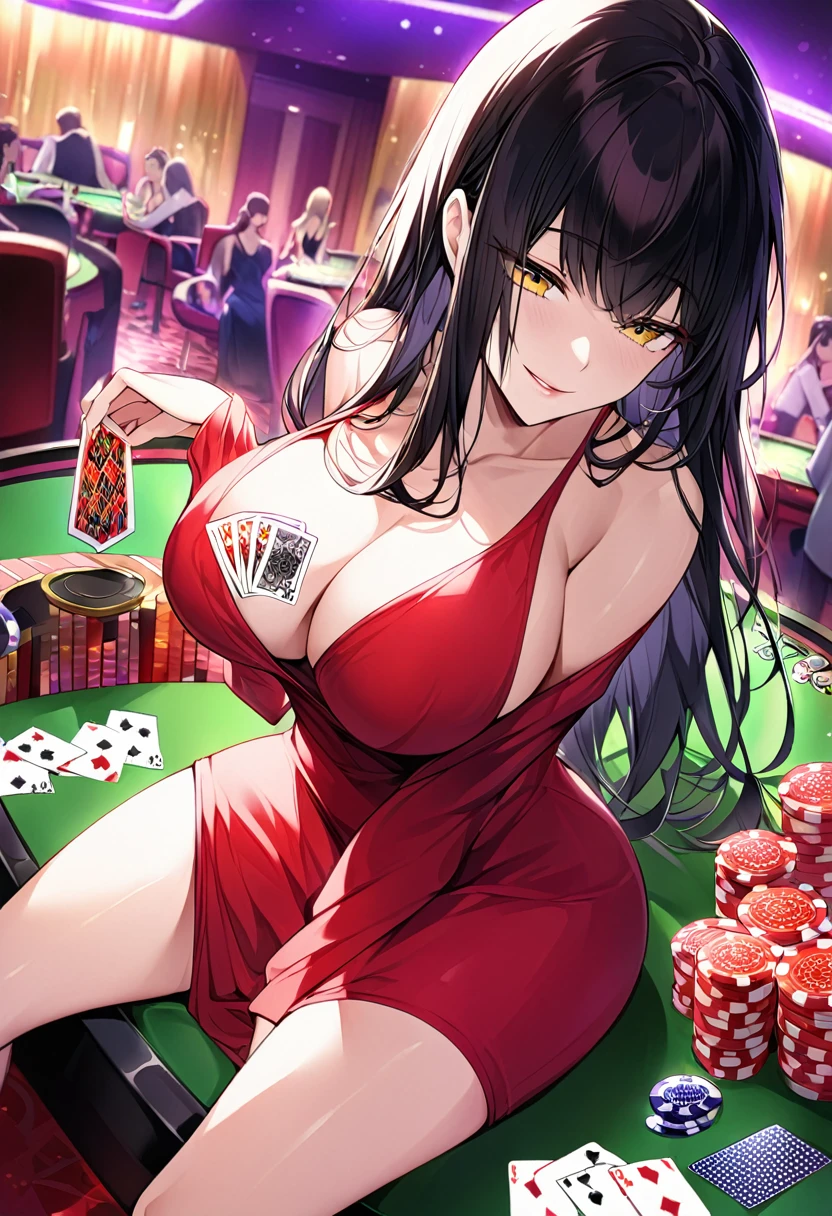 Adult female, busty, hourglass figure, sexy red dress, messy and long black hair, golden yellow irises, defined black pupils, passionate, seductive, sultry smile, casino, poker table, holding cards, sitting in a chair beside a poker table, well defined, perfect definition, high quality, perfect eyes, perfect hands, crowded casino, not looking, looking at another person, looking away