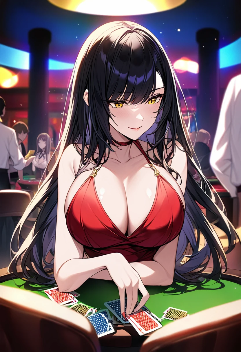 Adult female, busty, hourglass figure, sexy red dress, messy and long black hair, golden yellow irises, defined black pupils, passionate, seductive, sultry smile, casino, poker table, holding cards, sitting in a chair beside a poker table, well defined, perfect definition, high quality, perfect eyes, perfect hands, crowded casino, not looking, looking at another person, looking away