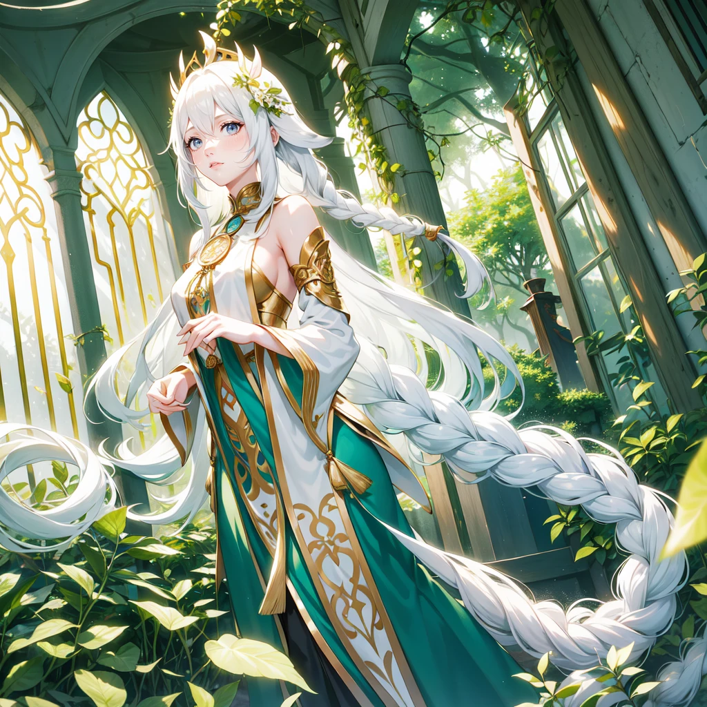 Beautiful woman with very long, white hair with light greeb tips with a braid, light green vines and light greeb eyes, pale skin, greater lord Rukkhadevata from Genshin Impact