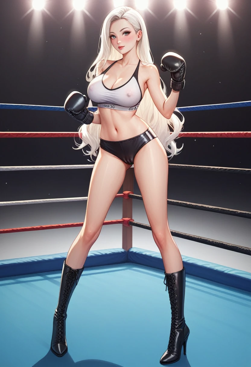 A slim Korean beauty,Good shape,Pretty Face,detailed picture, blush,White long hair,Wearing sexy sports bra,Wearing black suspender stockings,high-heel boots,Wearing black boxing gloves,Standing alone in the boxing ring, posing sexy,Large Breasts,Cleavage,Thin legs,nipple,Camel toe