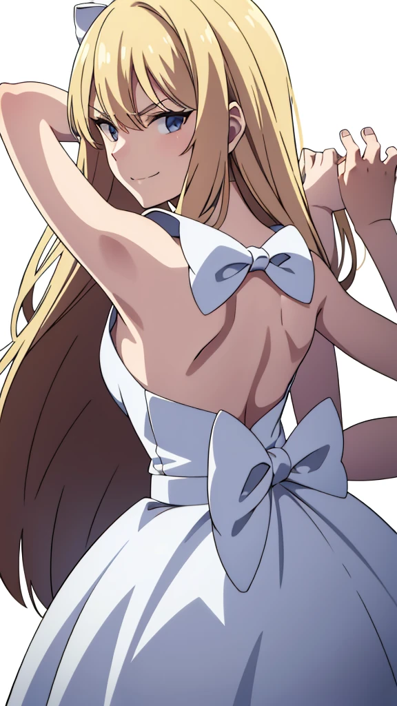 (1girl,20 years old,mature female),blonde hair,long hair,white dress, sleeveless, bow tie, bare shoulders,angry,smile,((white background)),extra arms,four arms,from back