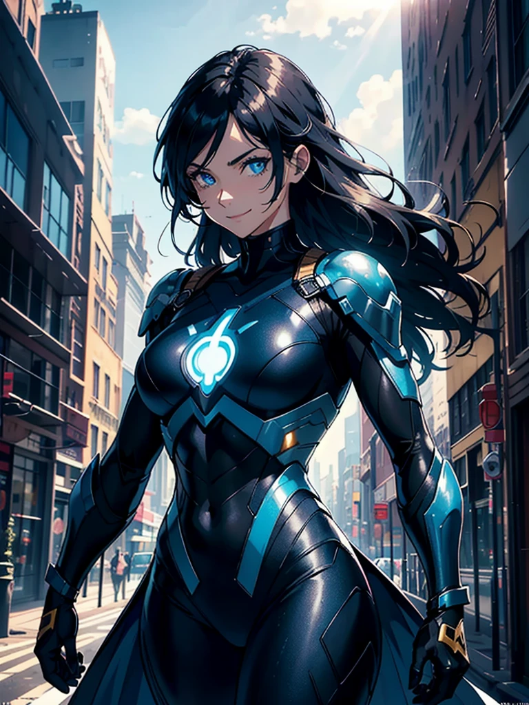 16K, HDR,UHD, RTX, ray tracing, chiaroscuro, best quality, masterpiece, ethereal, perfect illustration, digital artwork, trending on artstation, jaw-dropping perfection, ultra realistic, textured amazing lighting effects, perfect shadows, WLOP, 1girl, beautiful mature edgy woman in a cool long jacket and black pants, superhero suit, stomach covered by clothing, shoulder-length hair, shoulder-length hair, wavy hair, black hair, highly detailed glowing blue eyes, glowing eyes, blue eyes, beautiful glowy blue eyes, detailed eyes, beautiful face, perfect anatomy, broad shoulders, strong upper-body, modern city, city, beautiful weather, stunning sunshine, sunny, daylight, sunlight, modern, nature, daytime, superhero, uplifting, heroic, heroic pose, smiling, smiling at camera, athletic, hands near hips, glowy eyes, daytime, black and blue superhero suit, metal shoulder-pads, summertime, radiant sunlight, beautiful cityscape, hair blowing in wind, manly shoulders, big smile, wide smile, happy eyes, joyful, smiling with teeth, very tall, wide shoulders, sunlight, blue logo on chest