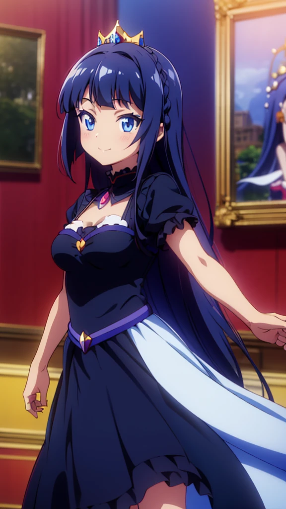 best quality,extremely detailed,anime style,1girl,Long hair down to the waist,straight hair,Dark black hair with bluish,Braid on top of the head,ponytail,beautiful detailed eyes,pinched eyes,dark blue eyes,huge breasts,smile,garter belt,princess motif idol dress,Fluttering and mysterious clothes,hair ornament,((((princess room)))),in aikatu style