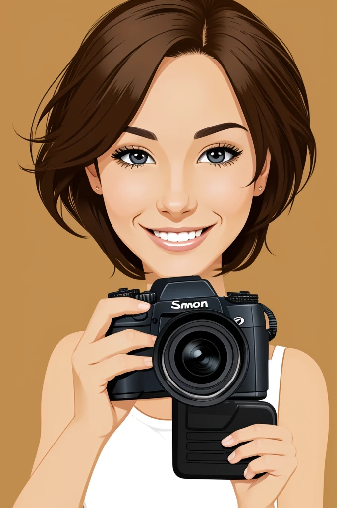 Cartoon of woman with camera in hands, short brown hair and slanted eyes, SMILE