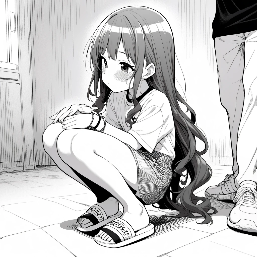1girl, moketa, idolmaster, gakuen idolmaster, shinosawa hiro, aged down, bracelet, hand on another's leg, jewelry, long hair, sandals, shoes, sneakers, squatting, very long hair, absurdres, hatching \(texture\), depth of field, ((very aesthetic, best quality, ultra detailed))