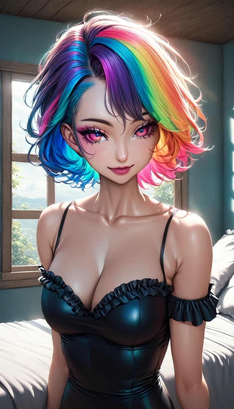 1girl, realistic, solo, goth ,short messy hair with long sides, short hair, eyeshadow, mascara, color: spectrum, vivid colors, rainbow hair , bright rainbow hair, medium breasts, indoors  , highly detailed, cute, smile, bedroom, big breasts, ruffle trim