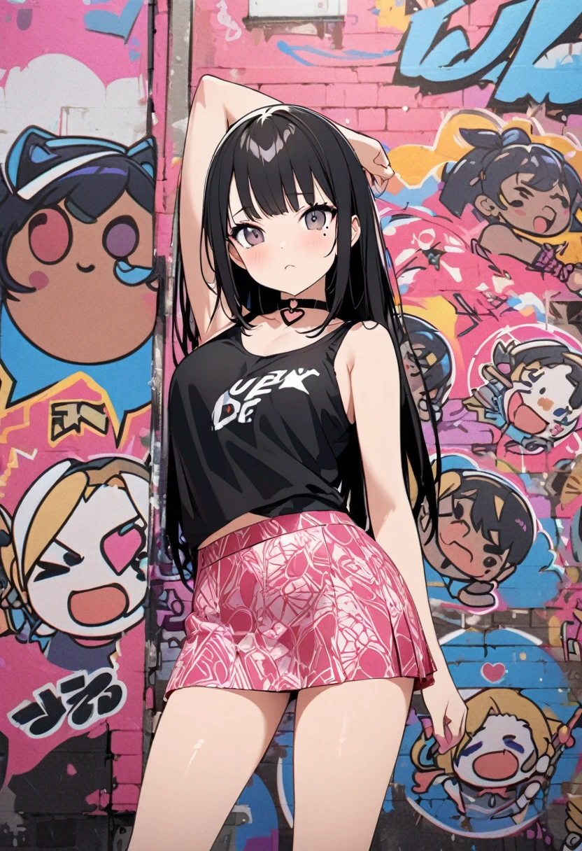 Graffiti Art、Positive Space、Silk Screen、Asymmetric、One Girl、Black tank top、pink pattern mini skirt、Heart-shaped choker、Cute mole under eye、Super detailed、Super detailed background、16K、diverse pose