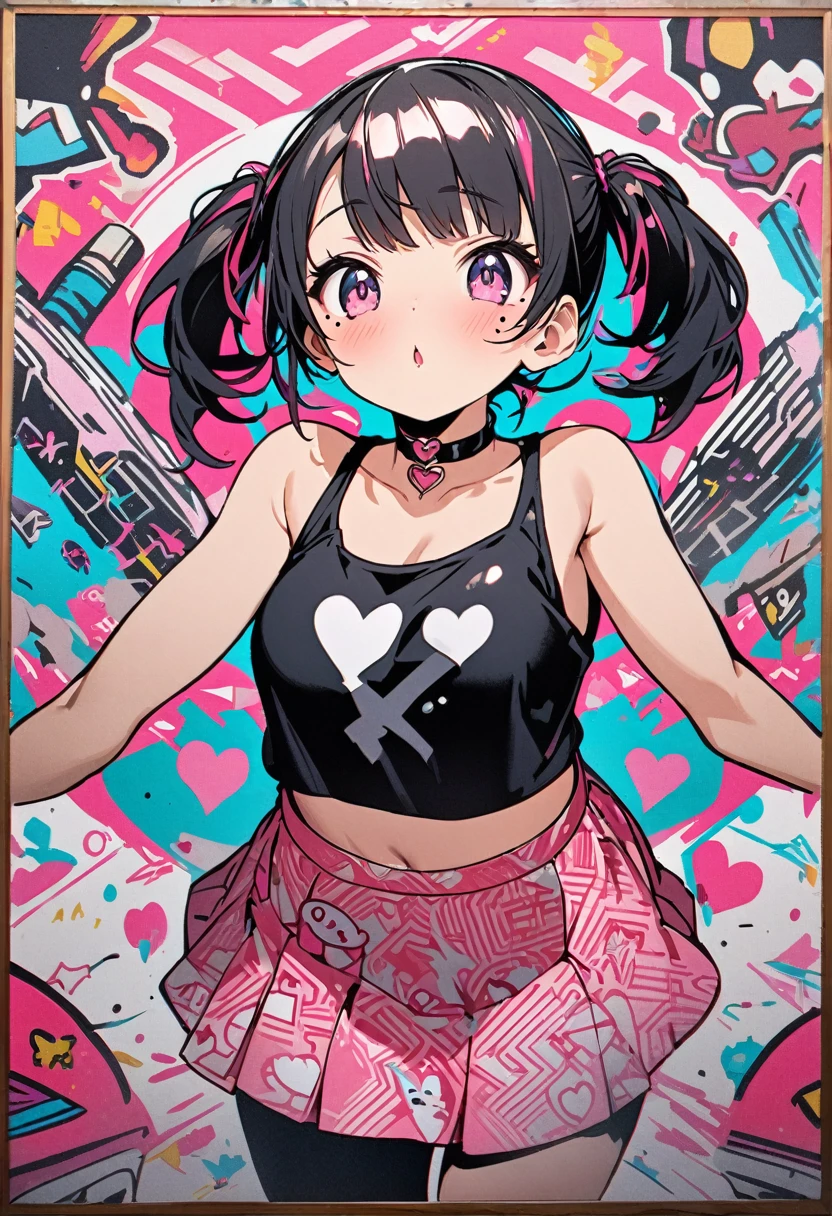 Graffiti Art、Positive Space、Silk Screen、Asymmetric、One Girl、Black tank top、pink pattern mini skirt、Heart-shaped choker、Cute mole under eye、Super detailed、Super detailed background、16K、diverse pose