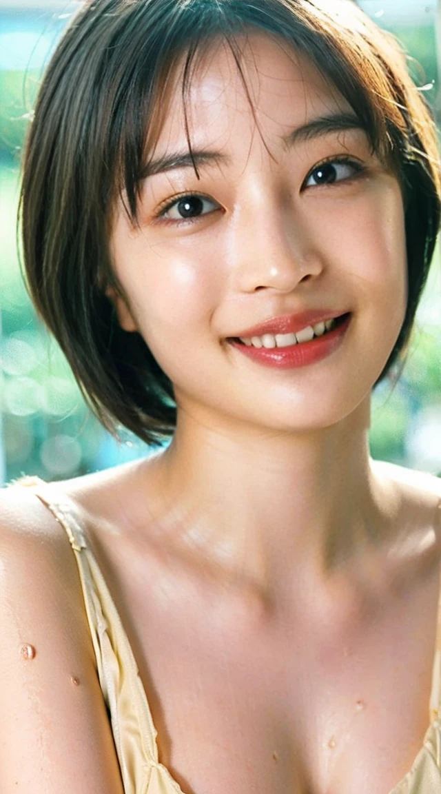girl(Naked, short hair, exposed skin, wet, light in eyes, smiling, big breasts, perfect bone structure)