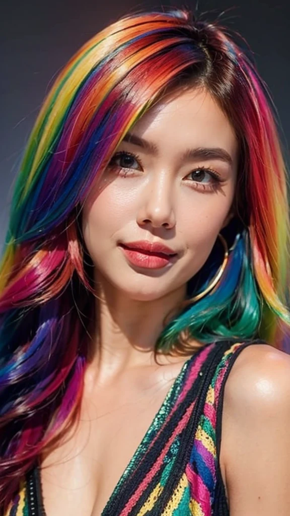 A woman with bright colorful rainbow hair, smile slightly, blured background