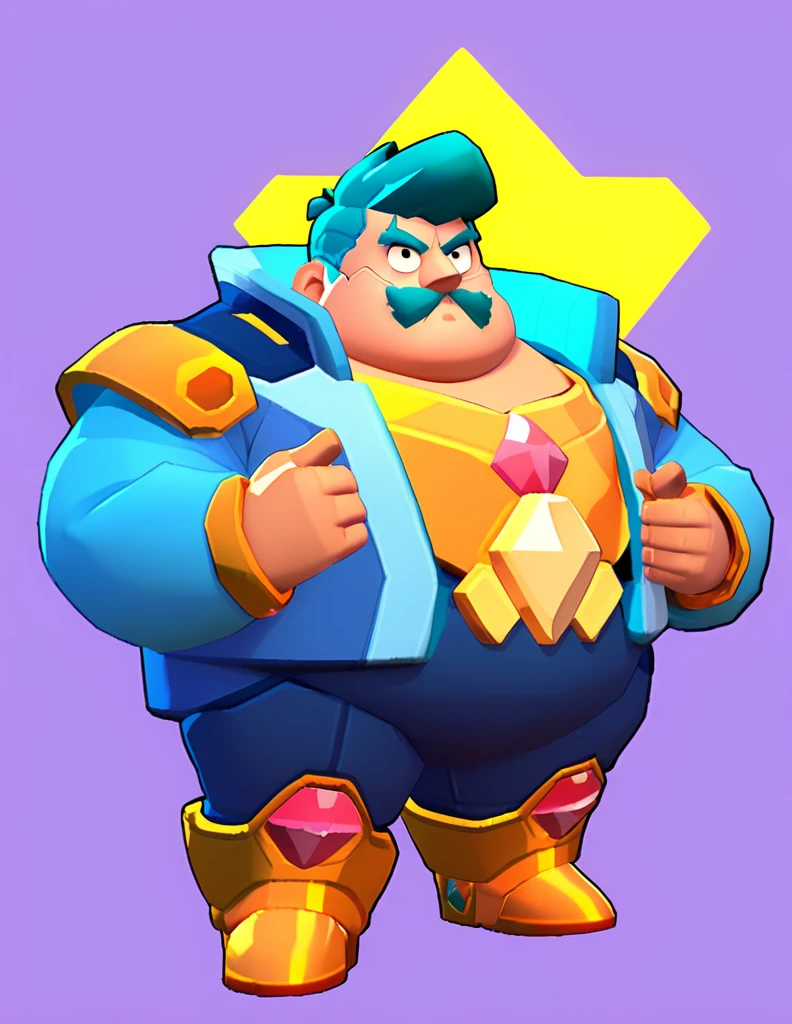 an obese businessman, in a blue suit, blue cyberpunk hairstyle and mustache, in gold armor encrusted with diamonds