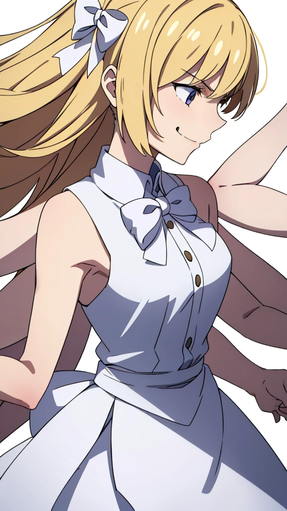 (1girl,20 years old,mature female),blonde hair,long hair,white dress, sleeveless, bow tie, bare shoulders,angry,smile,((white background)),extra arms,four arms,profile
