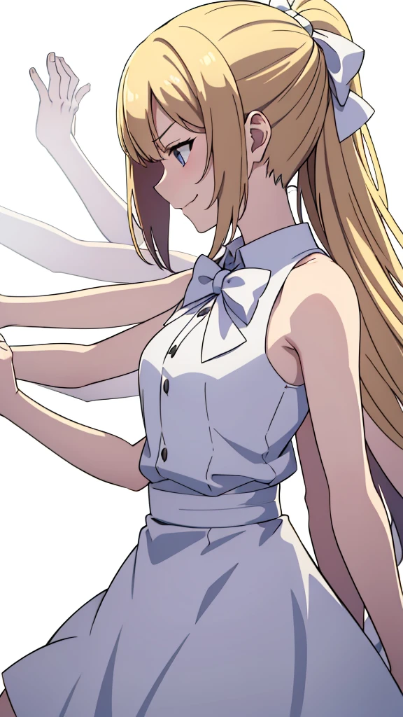 (1girl,20 years old,mature female),blonde hair,long hair,white dress, sleeveless, bow tie, bare shoulders,angry,smile,((white background)),extra arms,four arms,profile