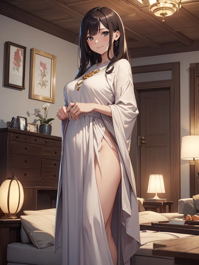 (masterpiece、top-quality、hight resolution、Unity 8k Wallpaper、extremely details CG:1), A mother, standing nearby, smiles gently and says, "I guess you're at that age where you get interested in these things." She has a kind and understanding expression. The setting is a cozy living room, focusing on the mother. nsfw