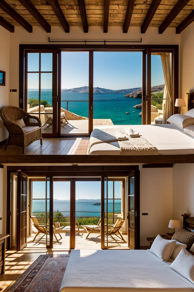Bedroom in rustic Greece overlooking the sea, during the day