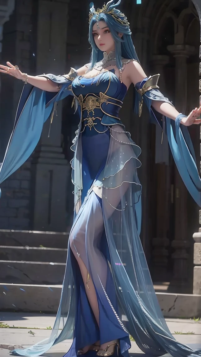 masterpiece,Best image quality,HD 8K Wallpaper,Nice photos,Elegant single woman,Circle Skirt,Shining eyes,Every detail,A masterpiece of exquisite beauty,Pure and light beauty,Gentle,Attention to detail,蕾丝Circle Skirt,immortal,huge,Full body capture,Reserved,Blue Hair, Blue Dress, blue dragon horn