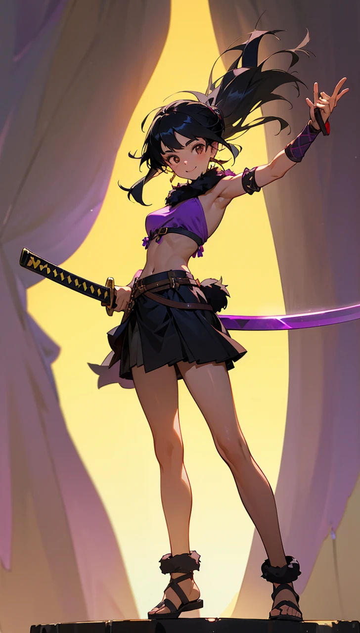 Young girl with black hair, brown eyes and olive skin, innocent and happy, wearing neon purple barbarian fur tunic, black skirt, armlets and sandals, weilding katana, fullbody, medieval background, athletic