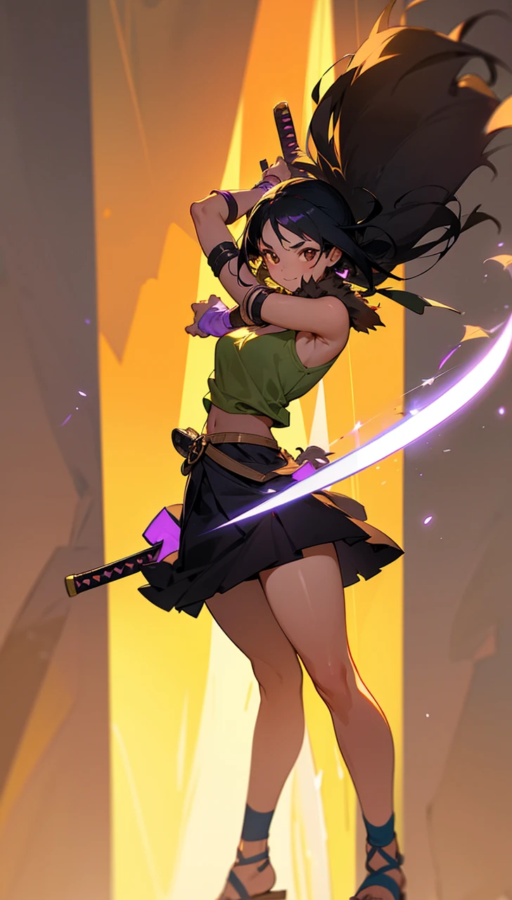 Young girl with black hair, brown eyes and olive skin, innocent and happy, wearing neon purple barbarian fur tunic, black skirt, armlets and sandals, weilding katana, fullbody, medieval background, athletic