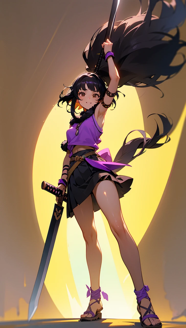 Young girl with black hair, brown eyes and olive skin, innocent and happy, wearing neon purple barbarian fur tunic, black skirt, armlets and sandals, weilding katana, fullbody, medieval background, athletic