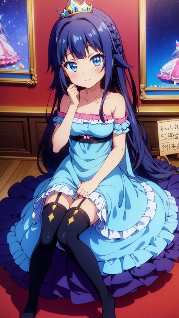 best quality,extremely detailed,anime style,1girl,Long hair down to the waist,straight hair,Dark black hair with bluish,Braid on top of the head,ponytail,beautiful detailed eyes,pinched eyes,dark blue eyes,huge breasts,smile,garter belt,princess motif idol dress,Fluttering and mysterious clothes,hair ornament,((((princess room)))),sitting on a chair,((in aikatu style))