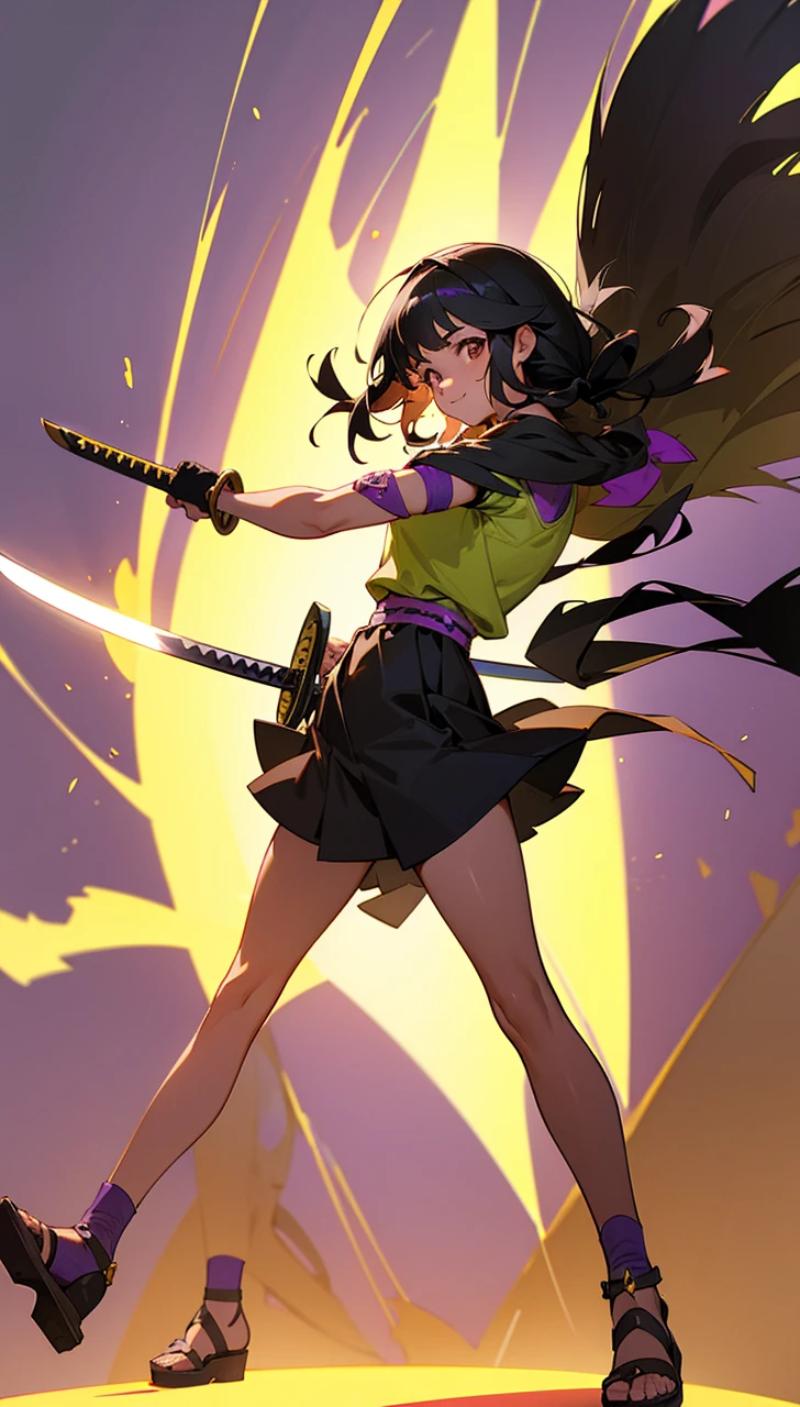 Young girl with black hair, brown eyes and olive skin, innocent and happy, wearing neon purple barbarian fur tunic, black skirt, armlets and sandals, weilding katana, fullbody, medieval background, athletic