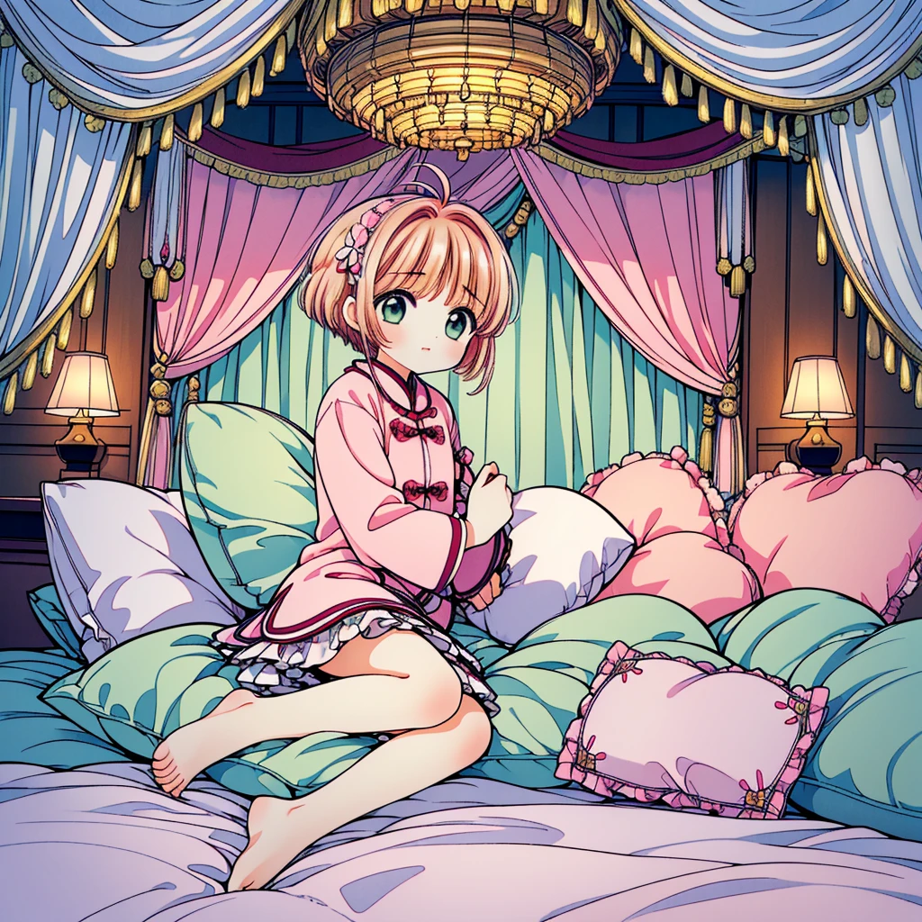(masterpiece,best quality,best quality, masterpiece),my own, , , (适合任何Pillow背景的光影)), 穿着pajamas可爱女孩在Pillow上摆姿势 ,pajamas,,(很多Pillow),Soft cushion,,,,很多Pillow,,,(Pillow),(A tail),,(充满细节的Pillow),(Love around the protagonist),Steam,,(Pillow),(palace),(Palace bedroom),(Pillow),柔软的Pillow,,(Classical European style bedroom ),(excited,shy person,Lack of expressiveness,),,, ((Maximum resolution)), artwork, ,,,(Interior of the palace),,(Deluxe Rococo Canopy King Bed),On a big and spacious bed,(),,,,Luxurious curtains with ornate ruffles and ribbons surround the bed,((((There are many pillows piled on the bed)))),Detail of Quilt,Detailed bed sheets,Ruffled Bed Skirt,Deep Bed,Background with depth,((详细的Pillow)), ((((大量的Pillow)))),,Shaking lines,,Flowing liquid,Violent body shaking,Violent shaking lines,详细的软Pillow,,((女孩正躺在许多柔软的Pillow上,周围有许多Pillow)),。Many small feathers fluttering、 带褶边和缎带的长裙pajamas、In a huge, Large canopy bed、Soft pink sheets and quilt、色彩鲜艳的柔软Pillow、很多带褶边的Pillow和带褶边的床裙、Soft toned bed、Ruffled curtains around the bed.。Delicate face。Background with depth,kinomoto sakura,kinomoto sakura, 1girl, brown hair, short hair, antenna hair, , green eyes,