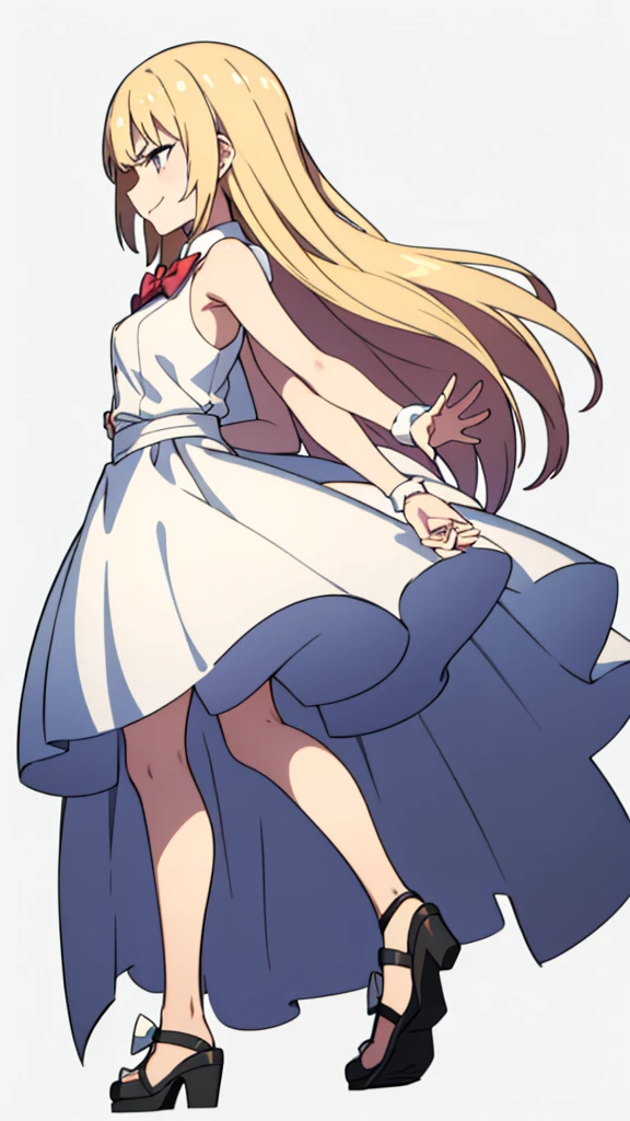 (1girl,20 years old,mature female),blonde hair,long hair,white dress, sleeveless, bow tie, bare shoulders,angry,smile,((white background)),extra arms,four arms,profile,full body