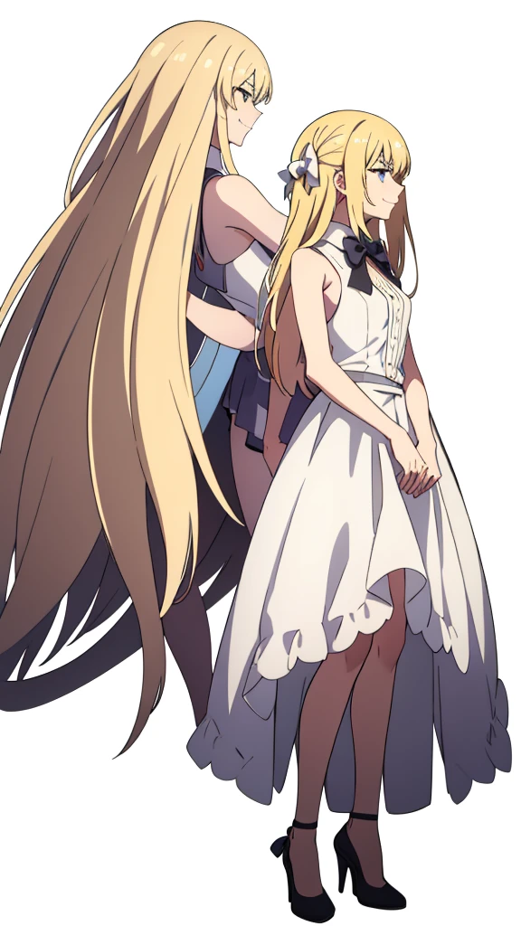 (1girl,20 years old,mature female),blonde hair,long hair,white dress, sleeveless, bow tie, bare shoulders,angry,smile,((white background)),extra arms,four arms,profile,full body