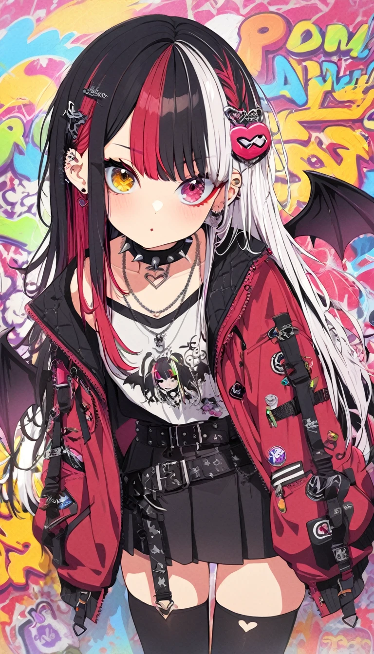 1girl, kawaii, , long hair, looking at viewer, bangs, skirt, black hair, hair ornament, red eyes, thighhighs, jewelry, jacket, white hair, multicolored hair, earrings, wings, belt, black thighhighs, necklace, collar, two-tone hair, english text, tattoo, leaning forward, heterochromia, piercing, ear piercing, red jacket, spikes, eyeshadow, demon wings, cigarette, spiked collar, ((split-color hair)), colorful graffiti background:1.5, (upper body),more detail XL, diversecpose