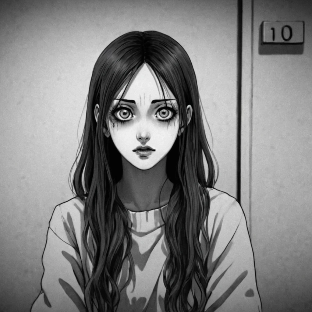 asylum, psychopathic woman, (anime), bizarre scenario, This is Junji, Yusuke Murata, black and white, 8K, anime, horror