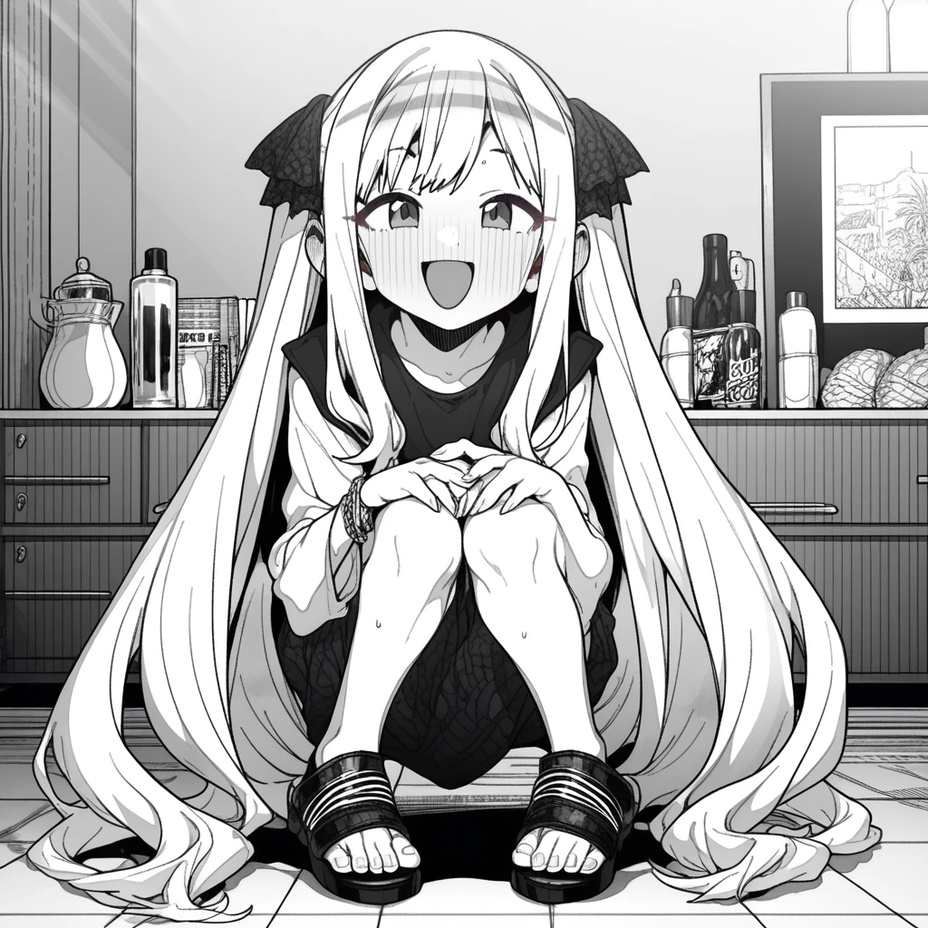 1girl, rei \(rei's room\), moketa, erere, idolmaster, gakuen idolmaster, shinosawa hiro, aged down, bracelet, hand on another's leg, jewelry, long hair, sandals, shoes, sneakers, squatting, very long hair, absurdres, greyscale, hatching \(texture\), depth of field, ((very aesthetic, best quality, ultra detailed)), manga-style