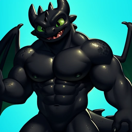 Create a muscular Furry depicted as Toothless from How to Train Your Dragon. His body is entirely covered in black, shimmering scales, and his eyes gleam with a bright, emerald green hue. His chest is well-defined and powerful, and he has noticeable breasts, adding to his unique appearance. With a contented expression on his face, Toothless appears calm and friendly. Despite his intimidating appearance, he maintains a playful and cheerful demeanor. [

A fully-realized, scaly Furry interpreted as Toothless from How to Train Your Dragon. His body boasts an impressive musculature, all hidden beneath glossy, coal-black scales