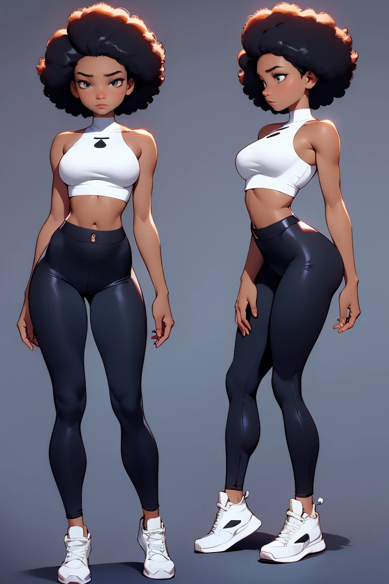 afro american girl, dark skin, behind view, afro haircut, 1 girl, solo, (black leggins) (crop tank top low neckline), sleveless, medium perky , wide hips