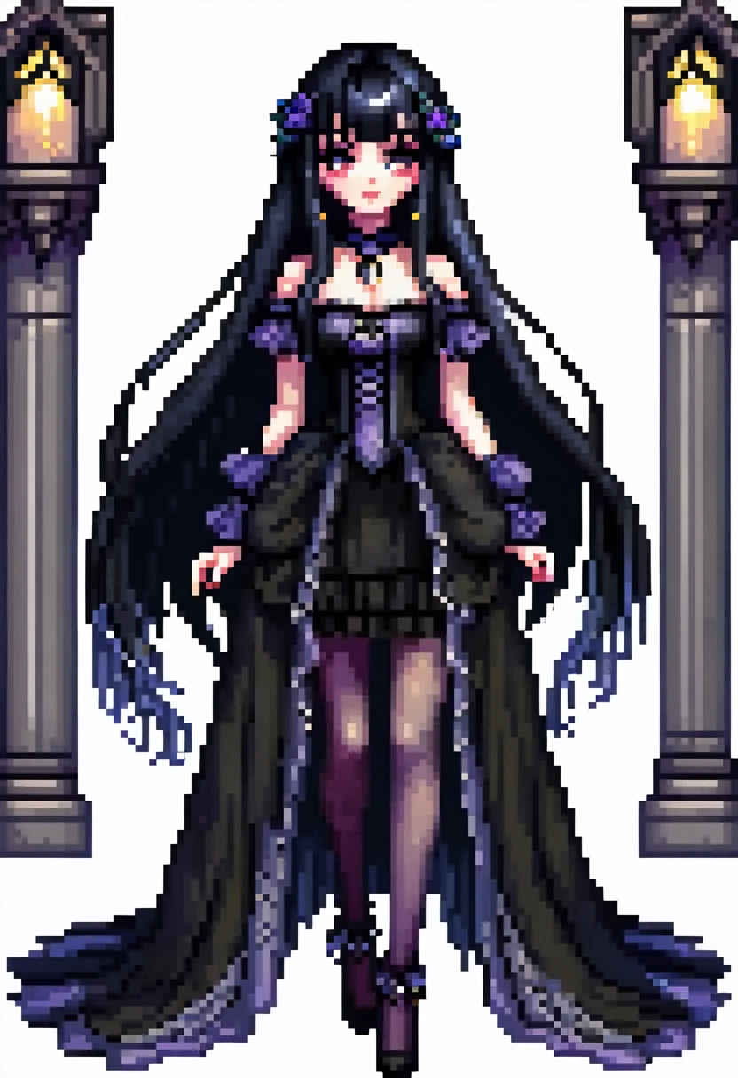 pixel art, a gothic beauty with long dark hair and bangs no background full body front view