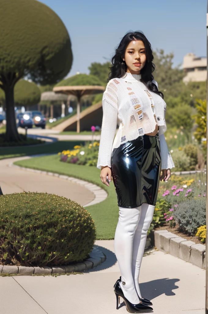 masterpiece, high quality, long hair, ginger hair, grey eyes, (vibrant garden park background), (cinematic star shaped bokeh background blur:1.2), worn white sweater, ((latex knee height black stocking)), (short black skirt:1.3), (very voluptuous body:1.1), (((full body front view:1.2))), stiletto high heel