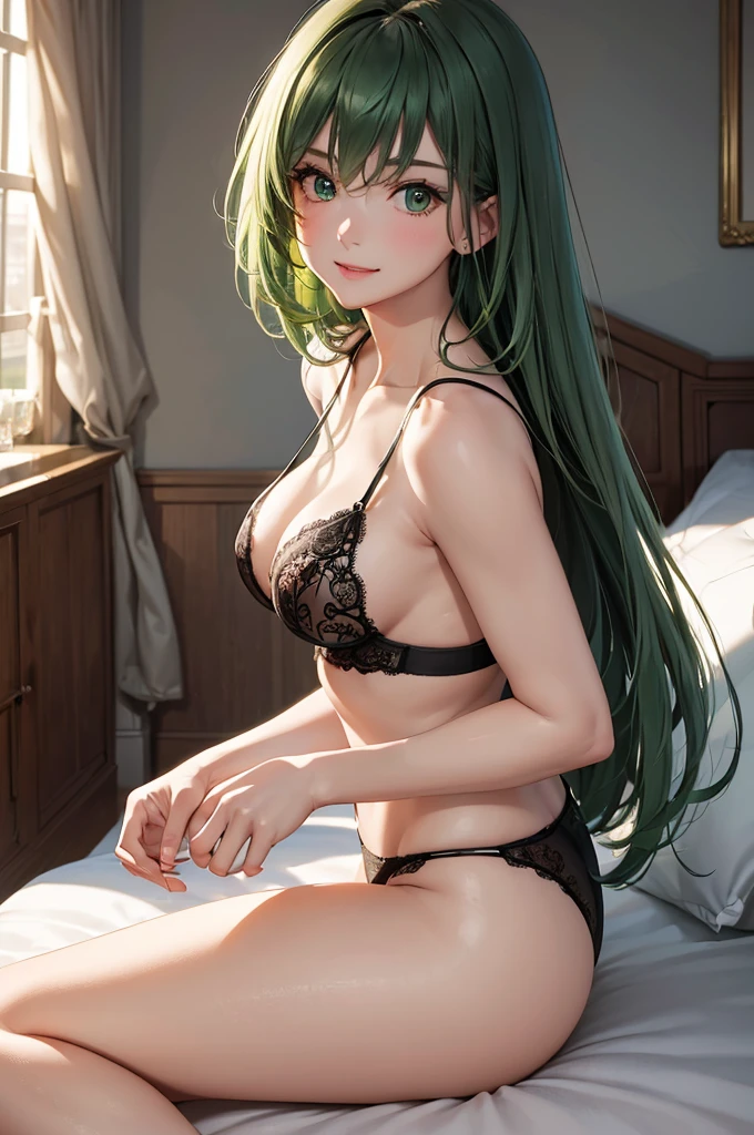 (Best Quality,High resolution,8K,finelity detailed background,Masterpiece:1.2),beautiful girl,Shiny green hair,messy hair,Green Eyes,Gentle look,A refreshing look,Best quality,Best Quality,Aesthetic and aesthetic:1.2,Best details((Super detailed))(High-definition CG illustrations),Glamorous black underwear (black,intricate lace),Slender body,night,Moonlight,Bedroom,On the bed,smile,blush,cute,Scrounge,Looking up,Being spoiled,super model,shoot from side